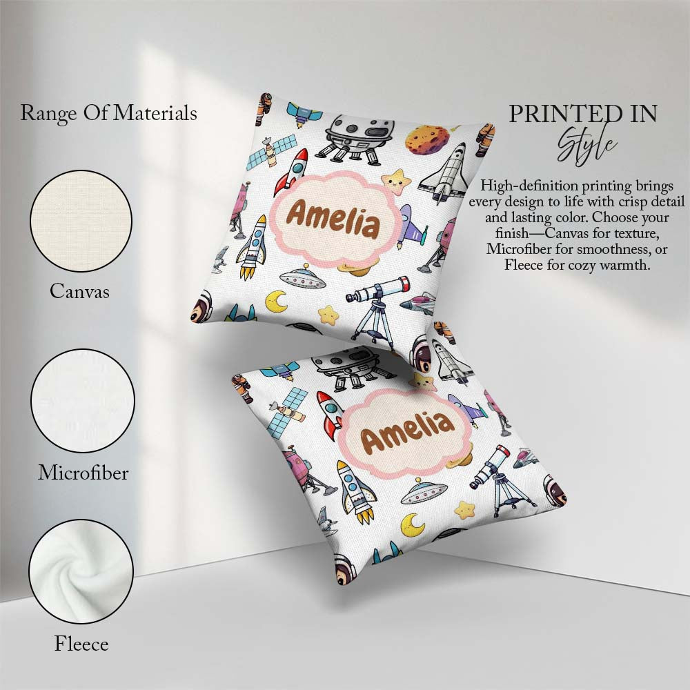 Custom Name Astronaut Rockets Satellites UFO Seamless Background Square Filled Cushion Throw Pillow Sofa Bed Home Decor Zip Washable UK Made