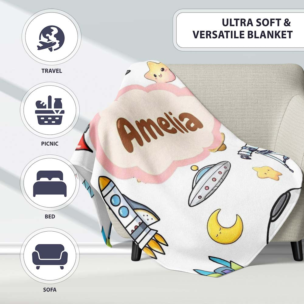Astronaut Rockets Satellites UFO Space Seamless Light Background Personalised Custom Name Super Soft Fleece Blanket Bed Sofa Throw
