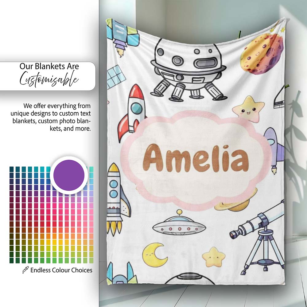 Astronaut Rockets Satellites UFO Space Seamless Light Background Personalised Custom Name Super Soft Fleece Blanket Bed Sofa Throw