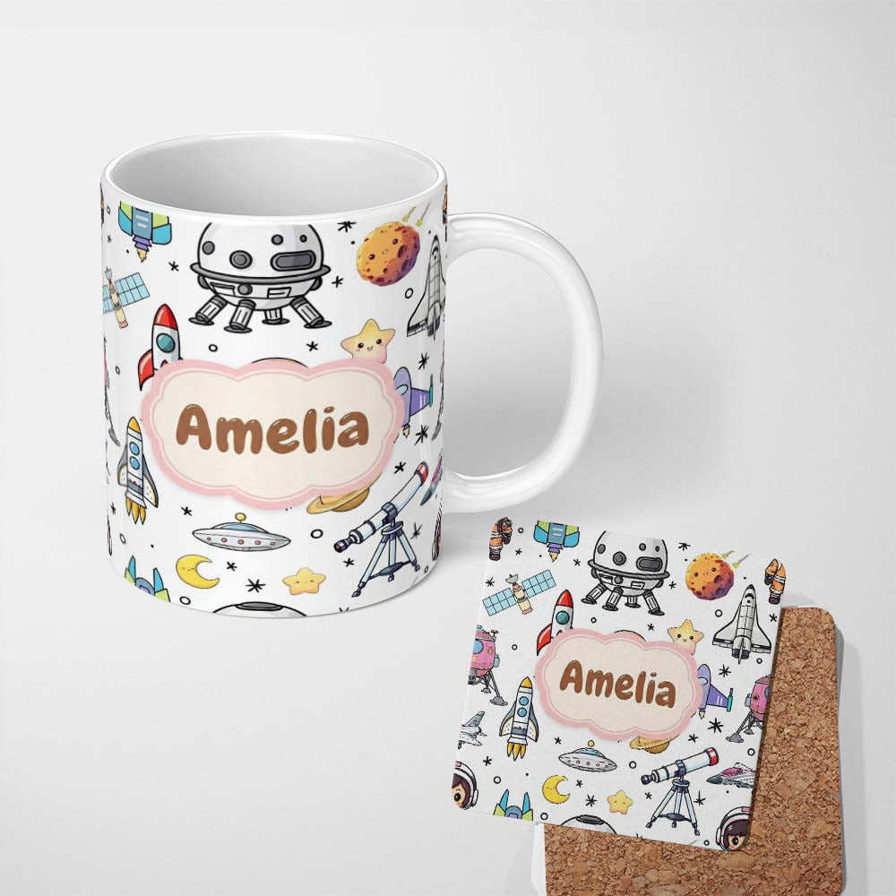 Personalized Custom Name Astronaut Rockets Satellites UFO Space Seamless White Background 11oz Ceramic Coffee Tea Mug White Large Handle
