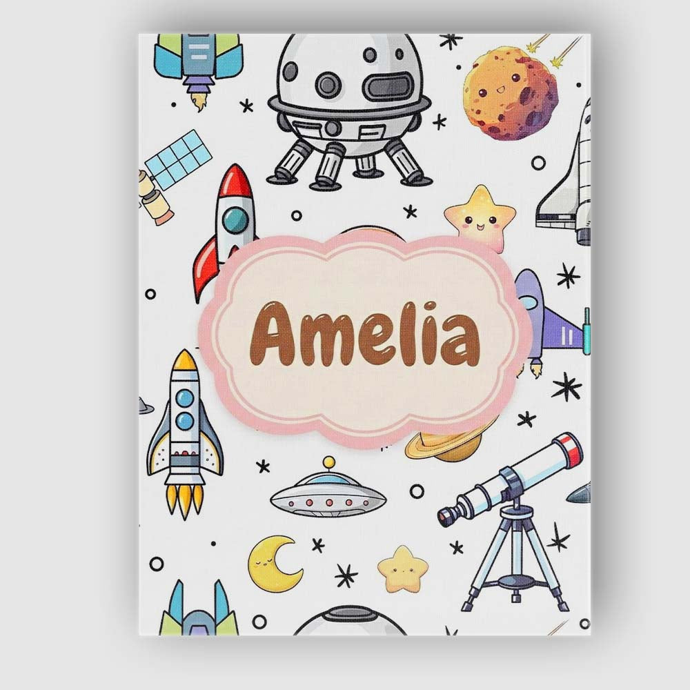 Personalised Name Astronaut Rockets Satellites UFO Space Seamless Stylish Home Interior Canvas Wall Art Print Decor Picture Ready to Hang