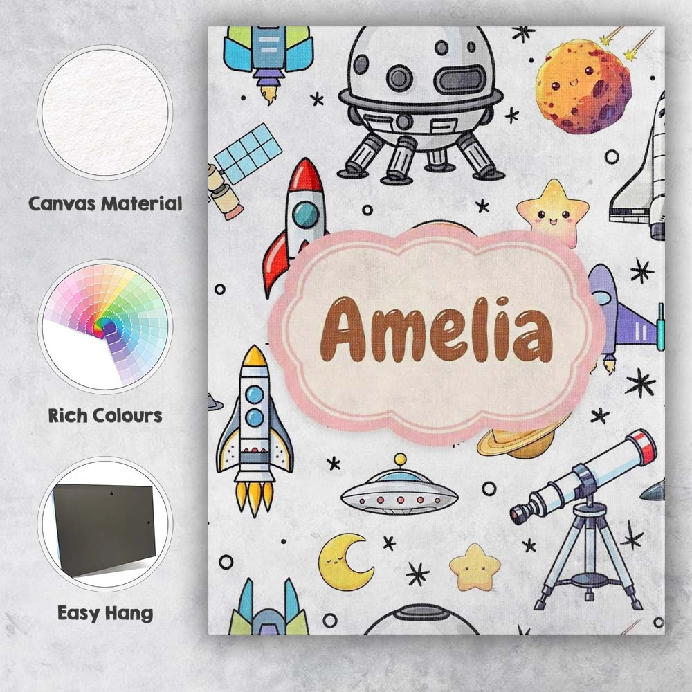 Personalised Name Astronaut Rockets Satellites UFO Space Seamless Stylish Home Interior Canvas Wall Art Print Decor Picture Ready to Hang