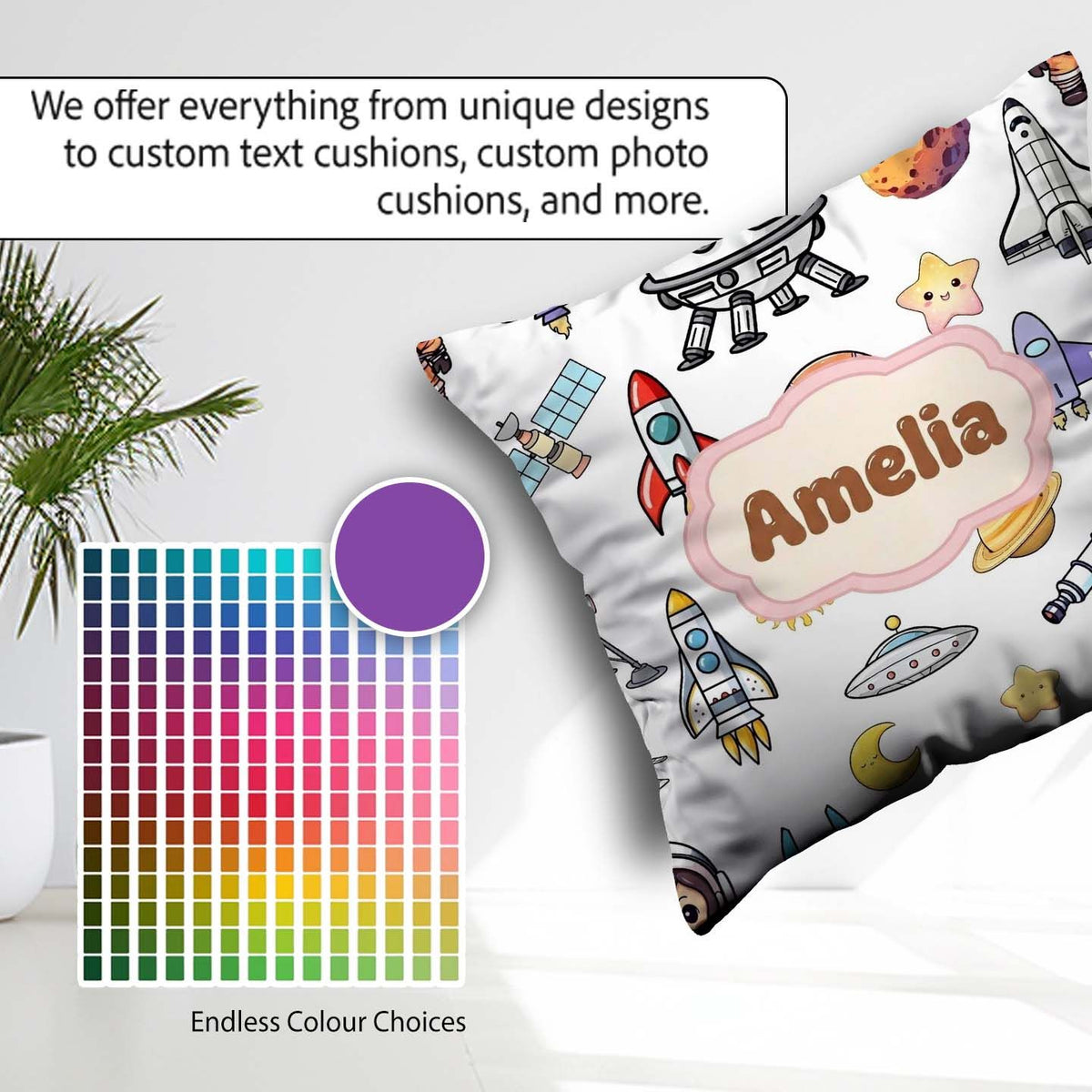 Custom Name Astronaut Rockets Satellites UFO Seamless Background Square Filled Cushion Throw Pillow Sofa Bed Home Decor Zip Washable UK Made