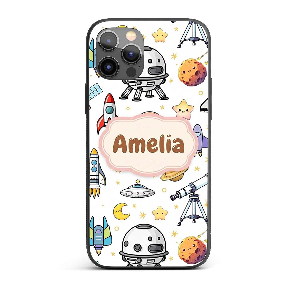 Astronaut Rockets Satellites UFO Space Seamless Custom Name Protective Phone Case Mobile Cover Durable Everyday Smartphone Shock Resistant