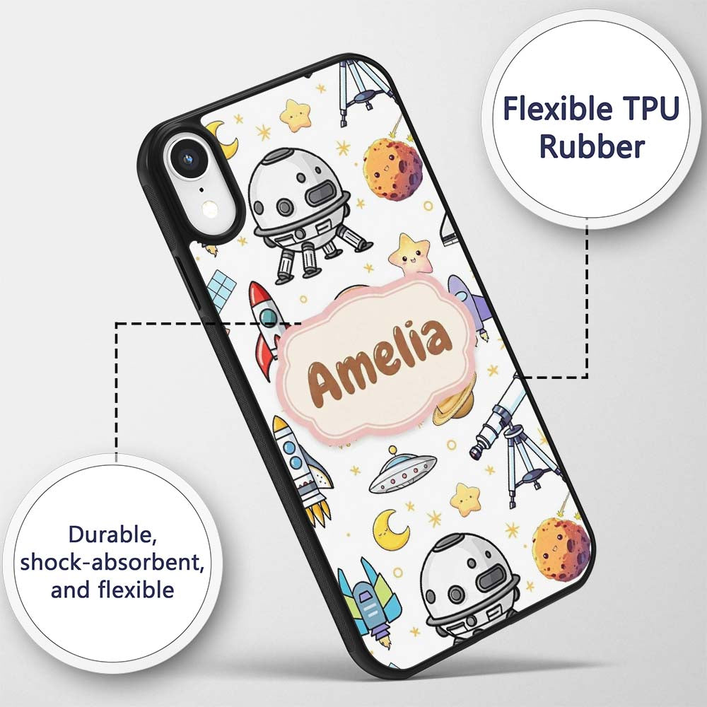 Astronaut Rockets Satellites UFO Space Seamless Custom Name Protective Phone Case Mobile Cover Durable Everyday Smartphone Shock Resistant