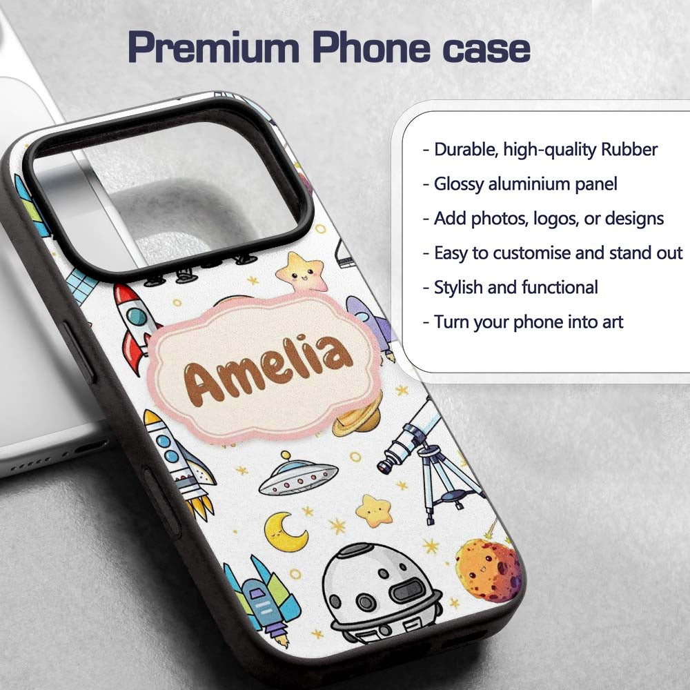 Astronaut Rockets Satellites UFO Space Seamless Custom Name Protective Phone Case Mobile Cover Durable Everyday Smartphone Shock Resistant
