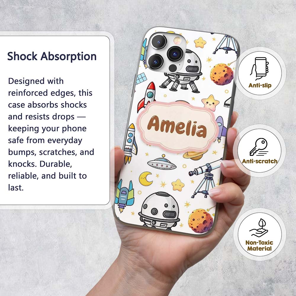 Astronaut Rockets Satellites UFO Space Seamless Custom Name Protective Phone Case Mobile Cover Durable Everyday Smartphone Shock Resistant
