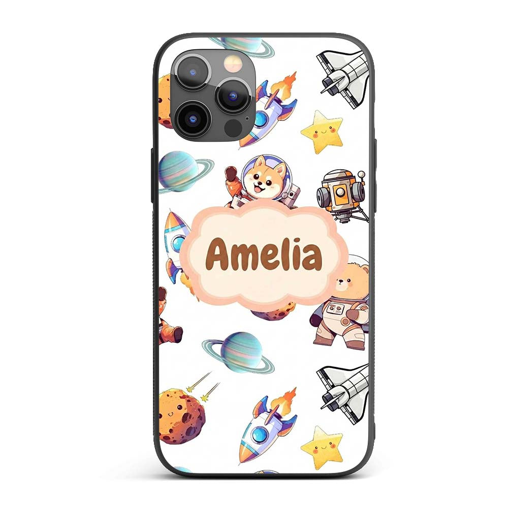 Space Dog Bear Astronaut Rockets Planets Seamless Custom Name Protective Phone Case Mobile Cover Durable Everyday Smartphone Shock Resistant
