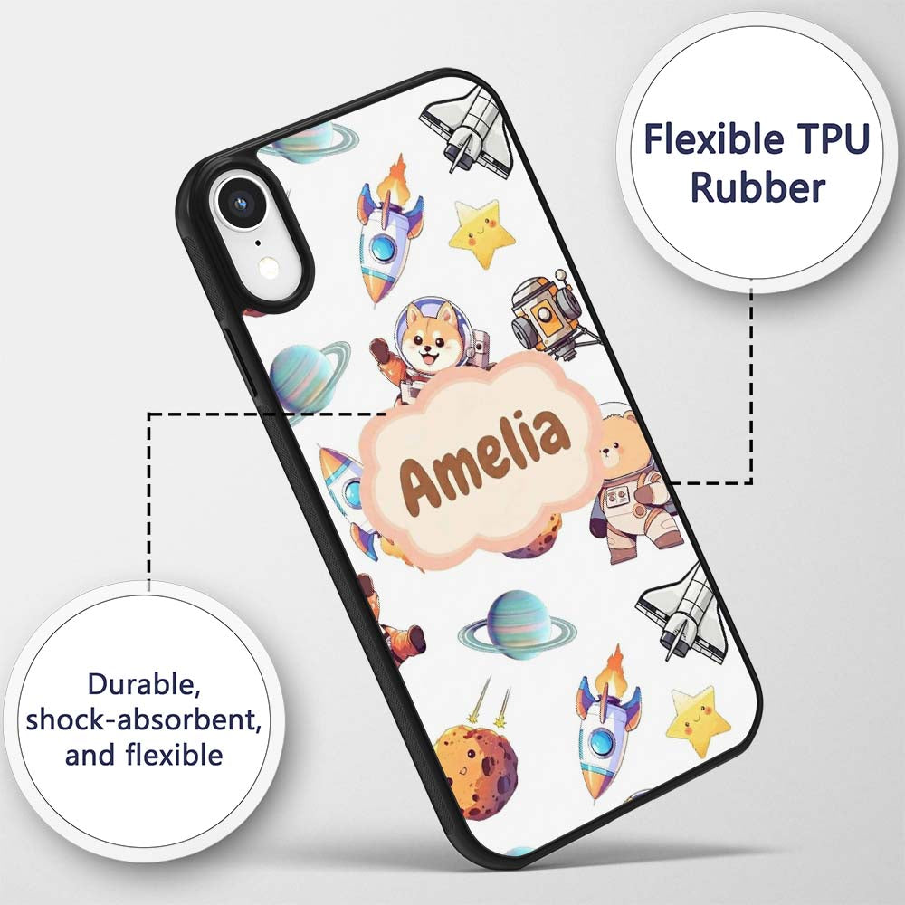 Space Dog Bear Astronaut Rockets Planets Seamless Custom Name Protective Phone Case Mobile Cover Durable Everyday Smartphone Shock Resistant