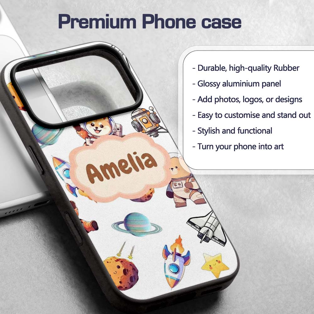 Space Dog Bear Astronaut Rockets Planets Seamless Custom Name Protective Phone Case Mobile Cover Durable Everyday Smartphone Shock Resistant