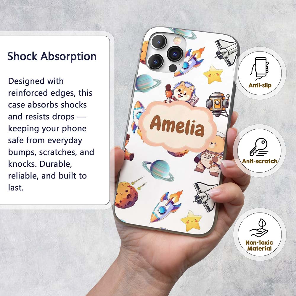 Space Dog Bear Astronaut Rockets Planets Seamless Custom Name Protective Phone Case Mobile Cover Durable Everyday Smartphone Shock Resistant