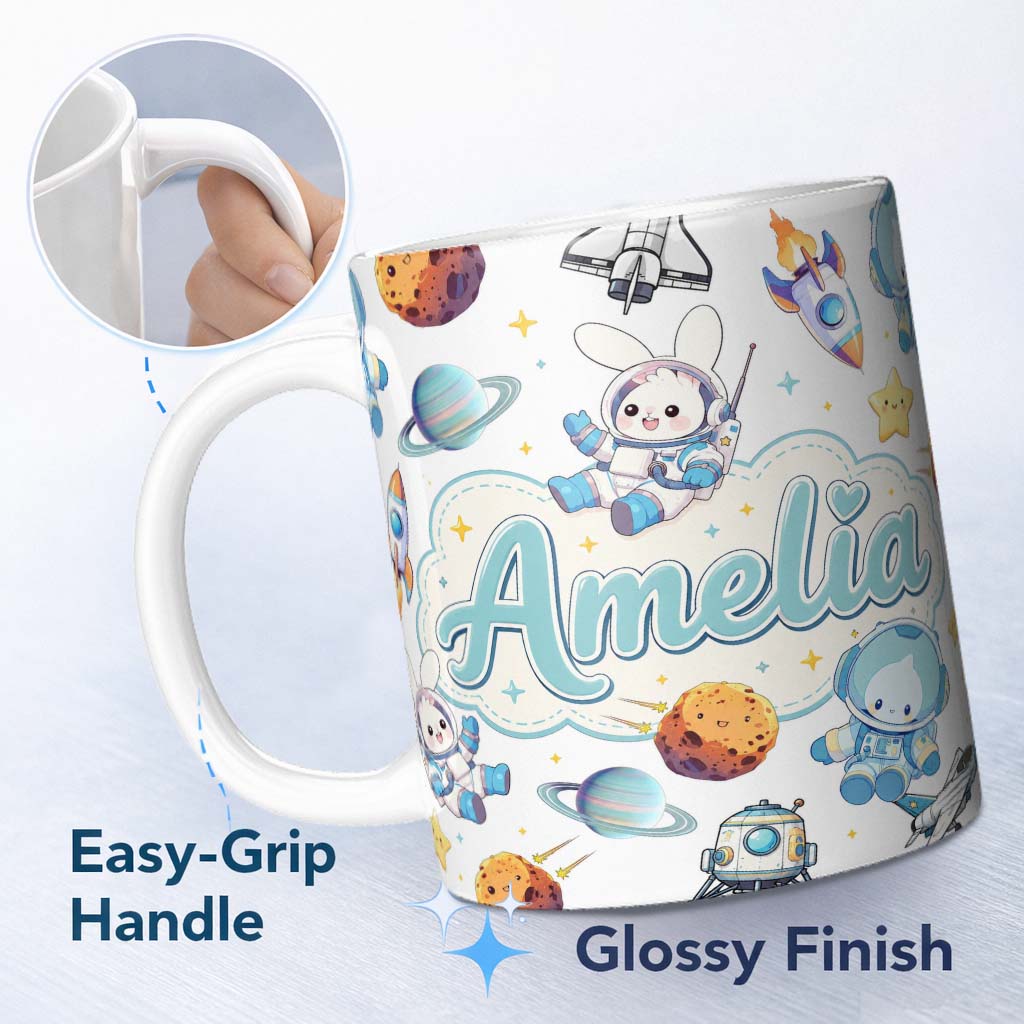 Personalized Custom Name Space Bunny Cat Astronaut Rockets Planets Seamless White Background 11oz Ceramic Coffee Tea Mug White Large Handle