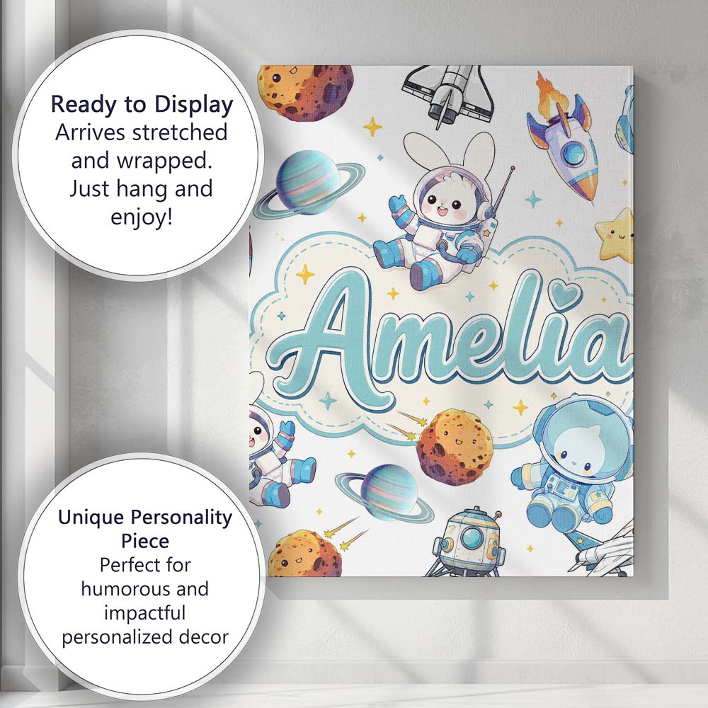 Personalised Name Space Bunny Cat Astronaut Custom Bespoke Interior Contemporary Canvas Wall Art Print Decor Picture Ready to Hang