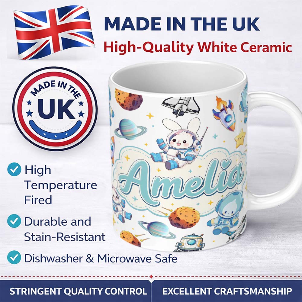 Personalized Custom Name Space Bunny Cat Astronaut Rockets Planets Seamless White Background 11oz Ceramic Coffee Tea Mug White Large Handle