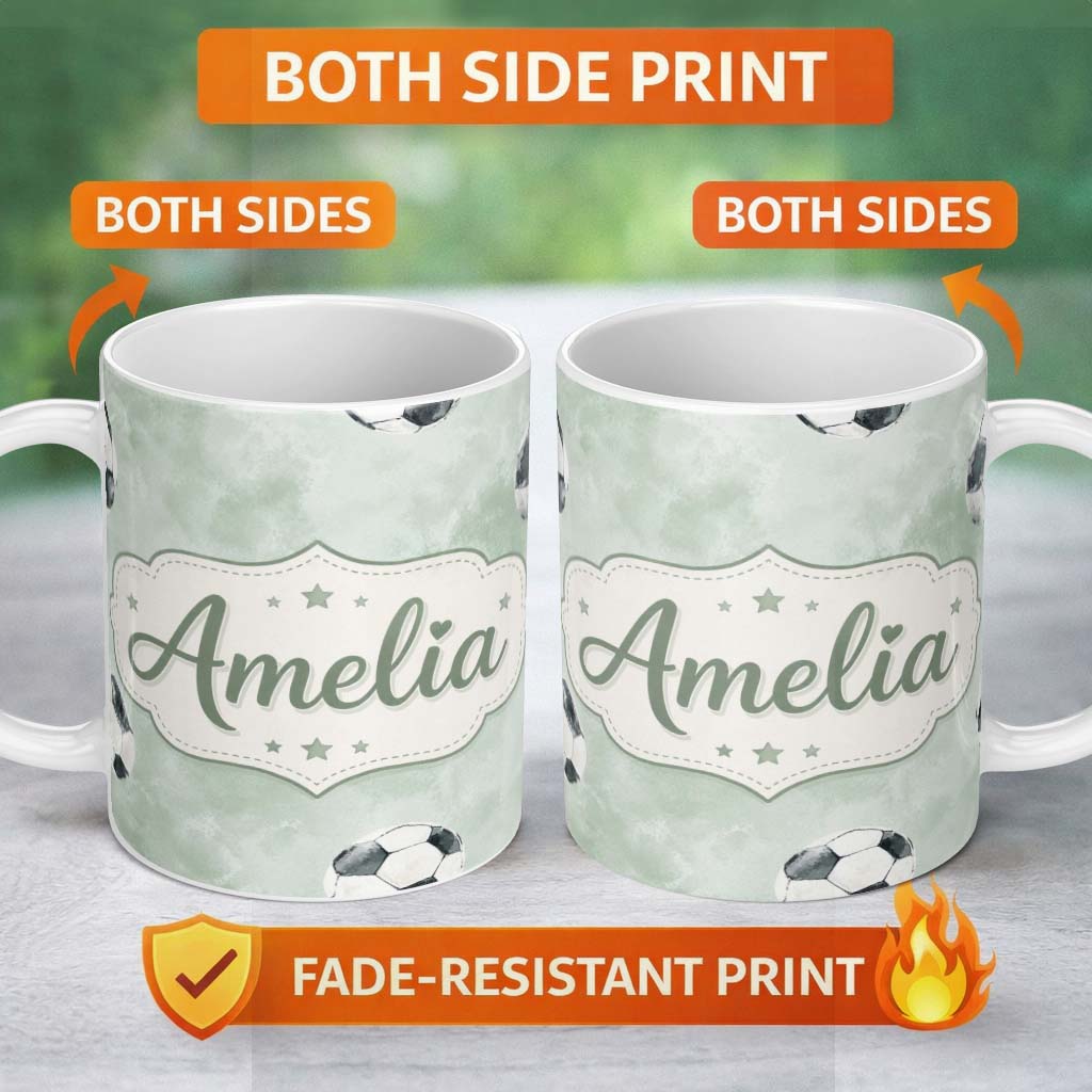Personalized Custom Name Watercolor Soccer Balls on Soft Green Background Seamless Pattern 11oz Ceramic Coffee Tea Mug White Large Handle