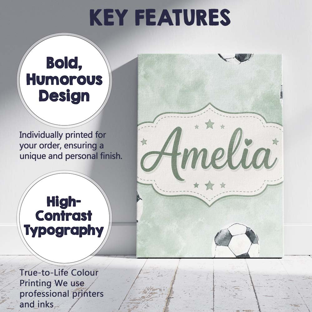 Personalised Name Watercolor Soccer Balls Custom Unique Gift Idea Elegant Feature Canvas Wall Art Print Decor Picture Ready to Hang