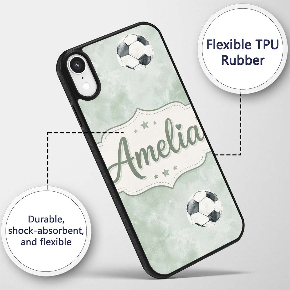 Watercolor Soccer Balls on Soft Green Background Custom Name Protective Phone Case Mobile Cover Durable Everyday Smartphone Shock Resistant