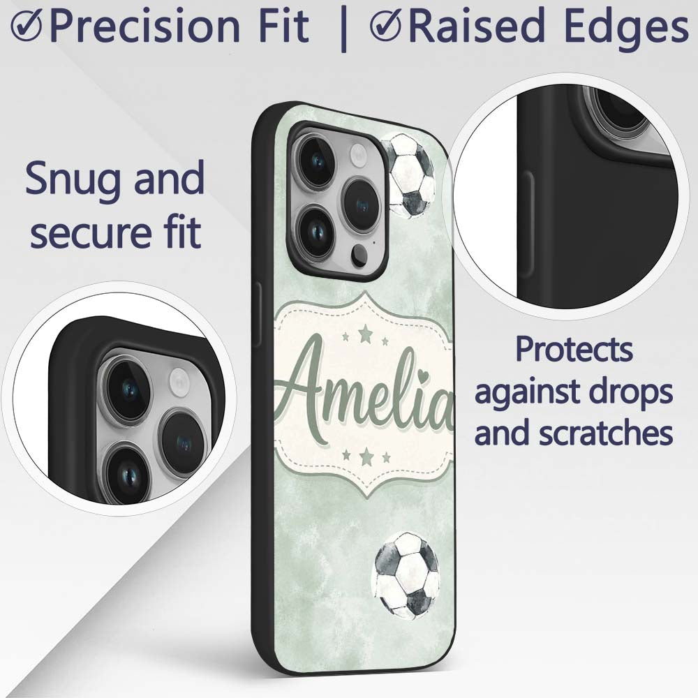 Watercolor Soccer Balls on Soft Green Background Custom Name Protective Phone Case Mobile Cover Durable Everyday Smartphone Shock Resistant