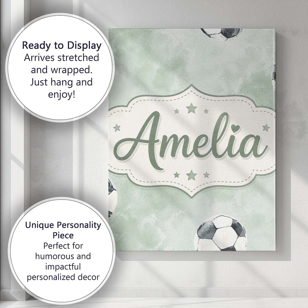 Personalised Name Watercolor Soccer Balls Custom Unique Gift Idea Elegant Feature Canvas Wall Art Print Decor Picture Ready to Hang
