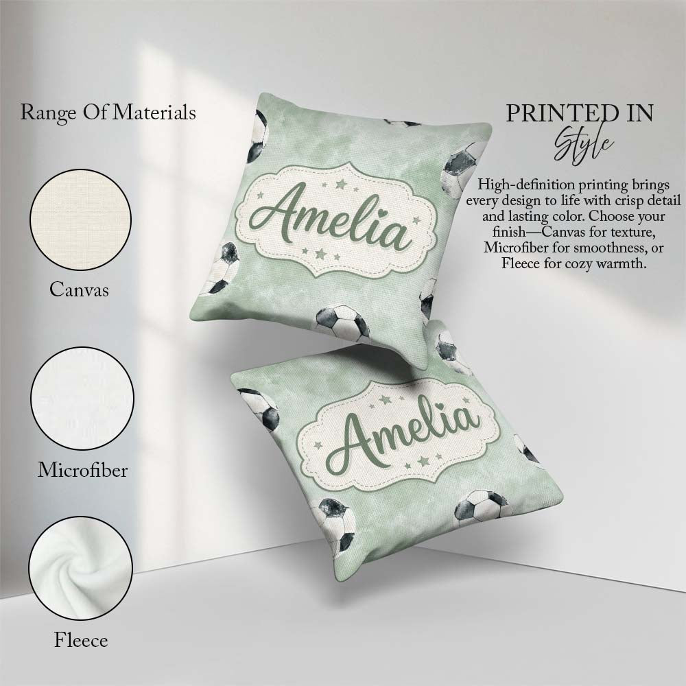 Custom Name Watercolor Soccer Balls on Green Background Seamless Square Filled Cushion Throw Pillow Sofa Bed Home Decor Zip Washable UK Made
