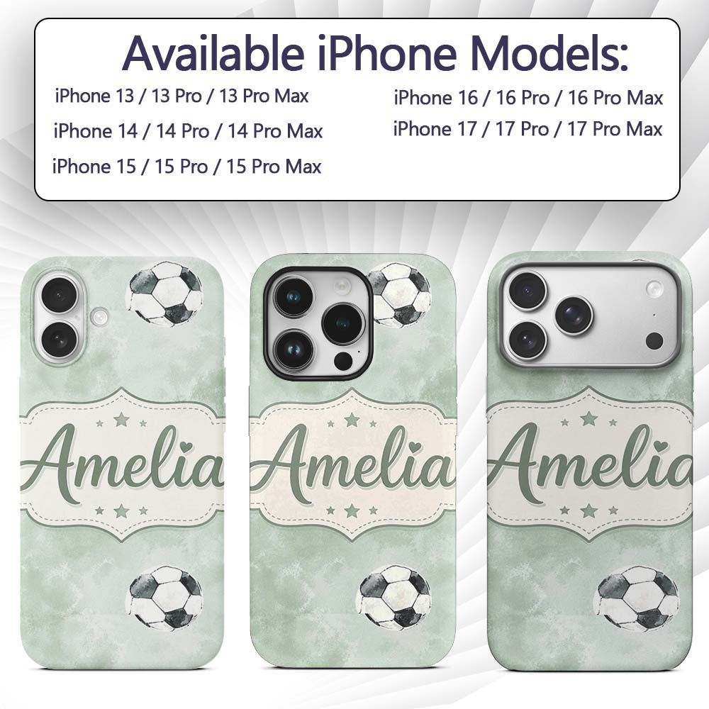 Watercolor Soccer Balls on Soft Green Background Custom Name Protective Phone Case Mobile Cover Durable Everyday Smartphone Shock Resistant