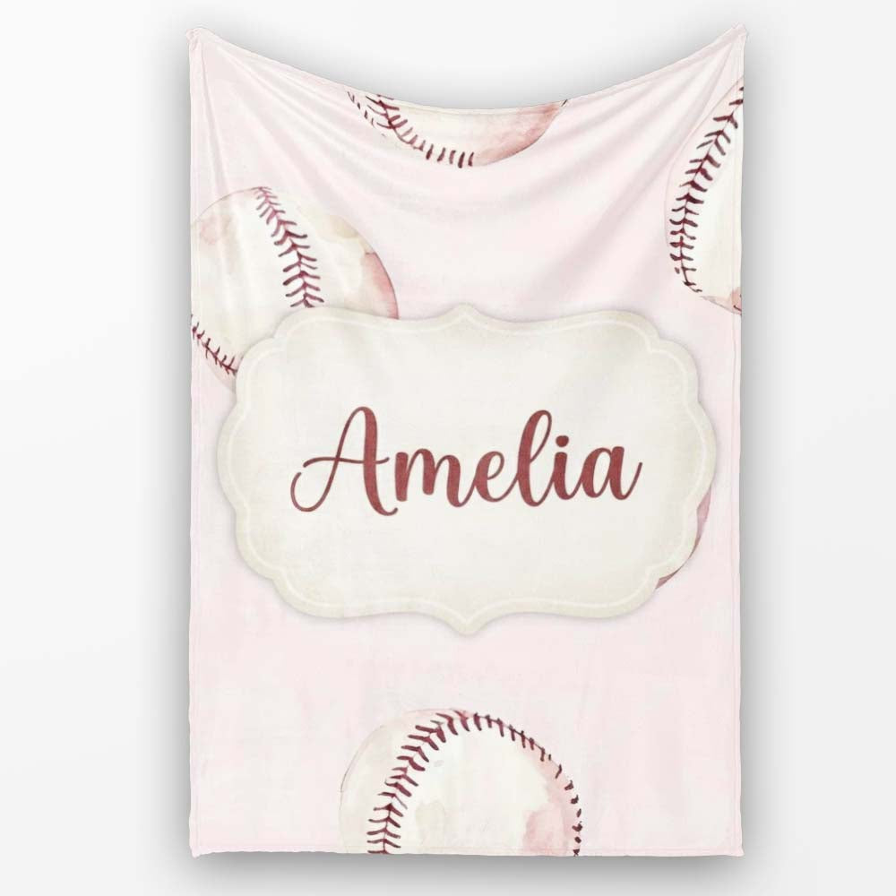 Watercolor Baseball Balls on Soft Beige Background Seamless Pattern Personalised Custom Name Super Soft Fleece Blanket Bed Sofa Throw