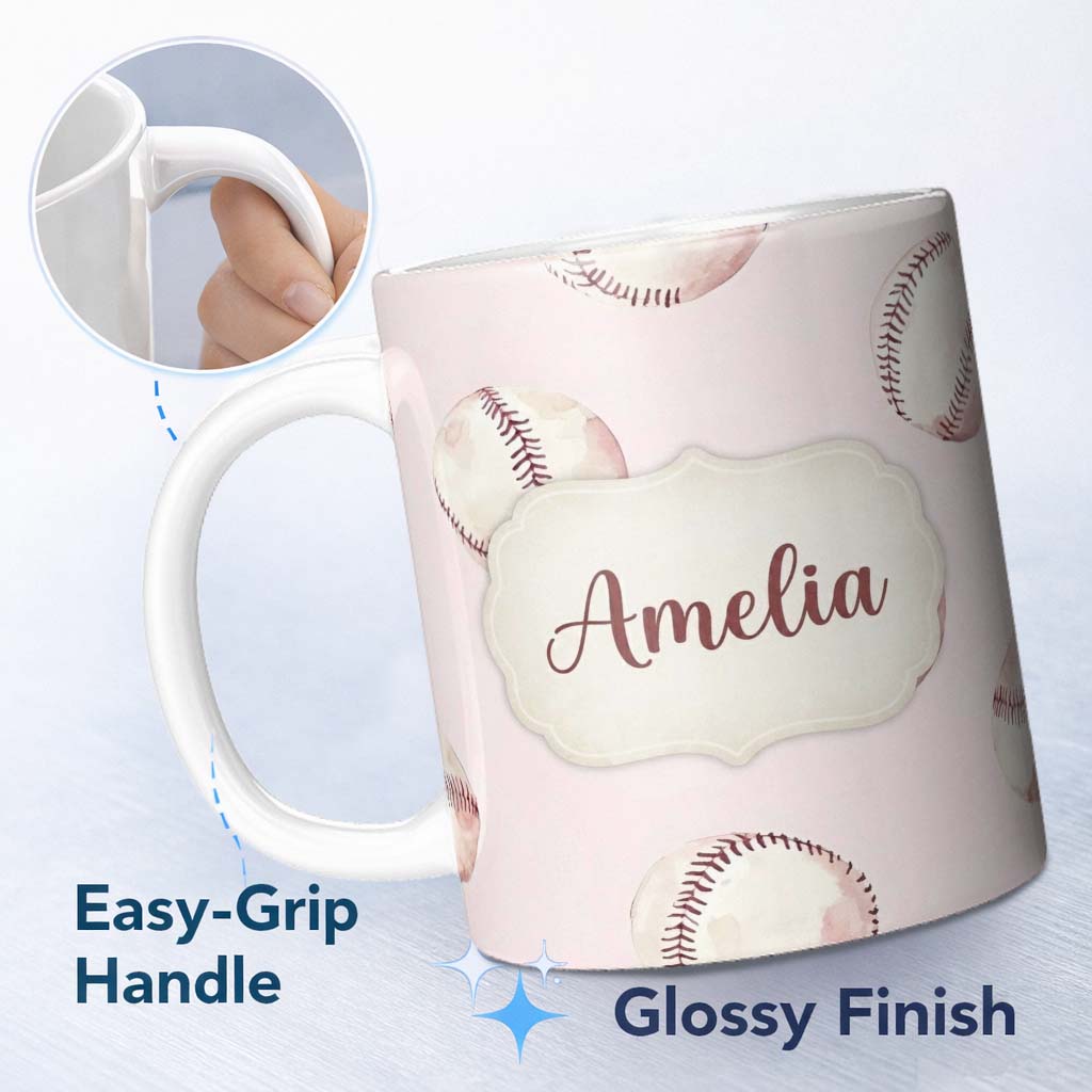 Personalized Custom Name Watercolor Baseball Balls on Soft Beige Background Seamless Pattern 11oz Ceramic Coffee Tea Mug White Large Handle