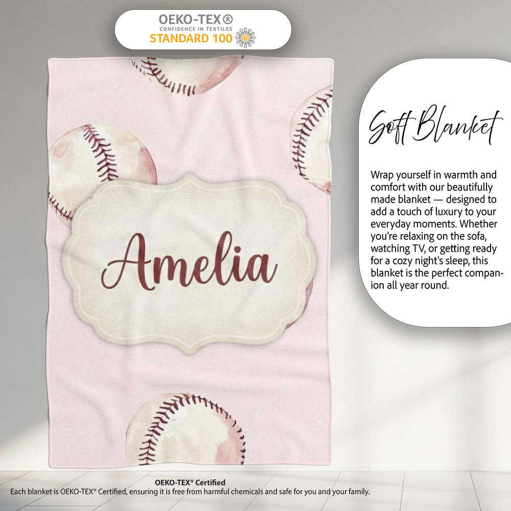 Watercolor Baseball Balls on Soft Beige Background Seamless Pattern Personalised Custom Name Super Soft Fleece Blanket Bed Sofa Throw
