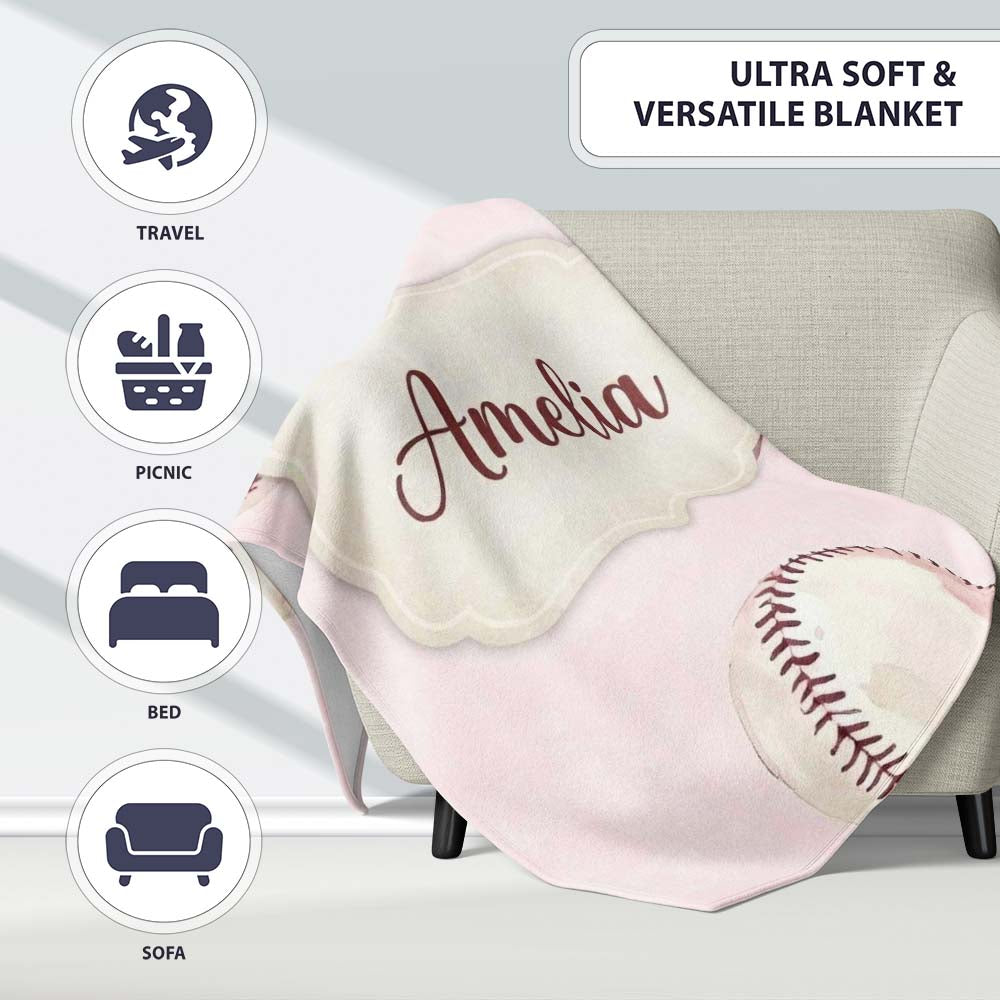 Watercolor Baseball Balls on Soft Beige Background Seamless Pattern Personalised Custom Name Super Soft Fleece Blanket Bed Sofa Throw