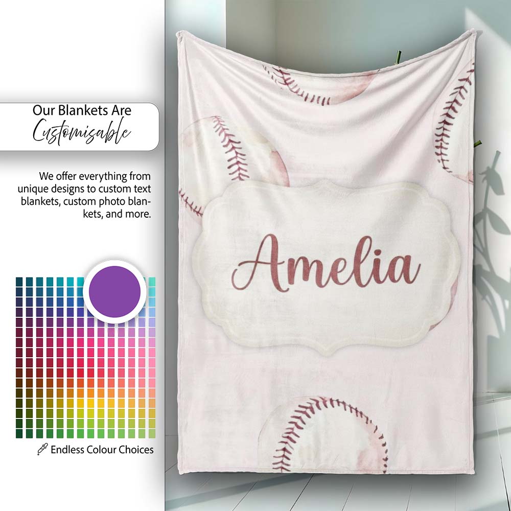 Watercolor Baseball Balls on Soft Beige Background Seamless Pattern Personalised Custom Name Super Soft Fleece Blanket Bed Sofa Throw