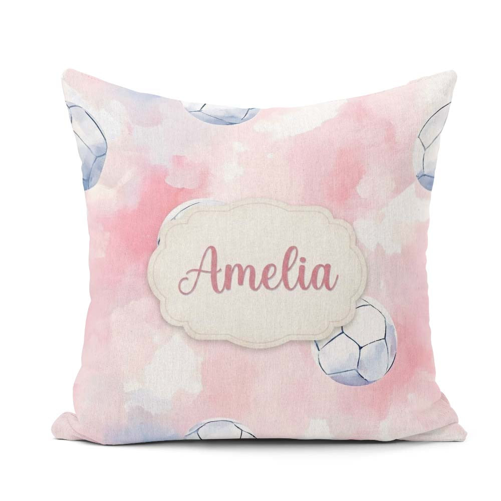 Custom Name Watercolor Soccer Balls Soft Pink Background Pattern Square Filled Cushion Throw Pillow Sofa Bed Home Decor Zip Washable UK Made