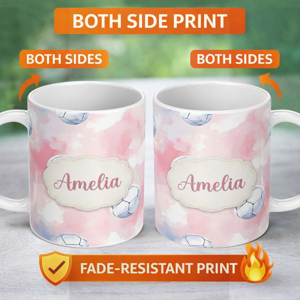 Personalized Custom Name Watercolor Soccer Balls on Soft Pink Background Seamless Pattern 11oz Ceramic Coffee Tea Mug White Large Handle