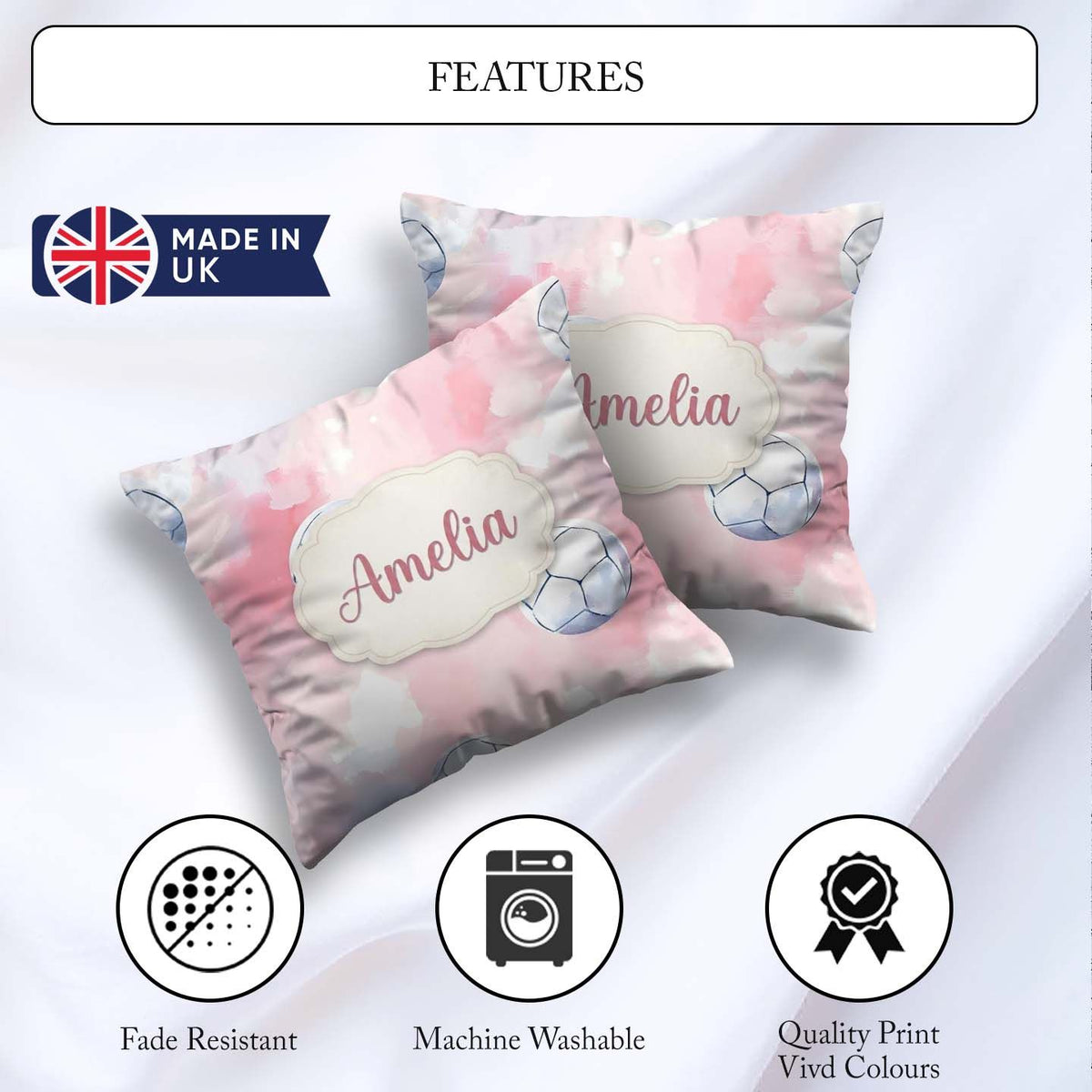 Custom Name Watercolor Soccer Balls Soft Pink Background Pattern Square Filled Cushion Throw Pillow Sofa Bed Home Decor Zip Washable UK Made