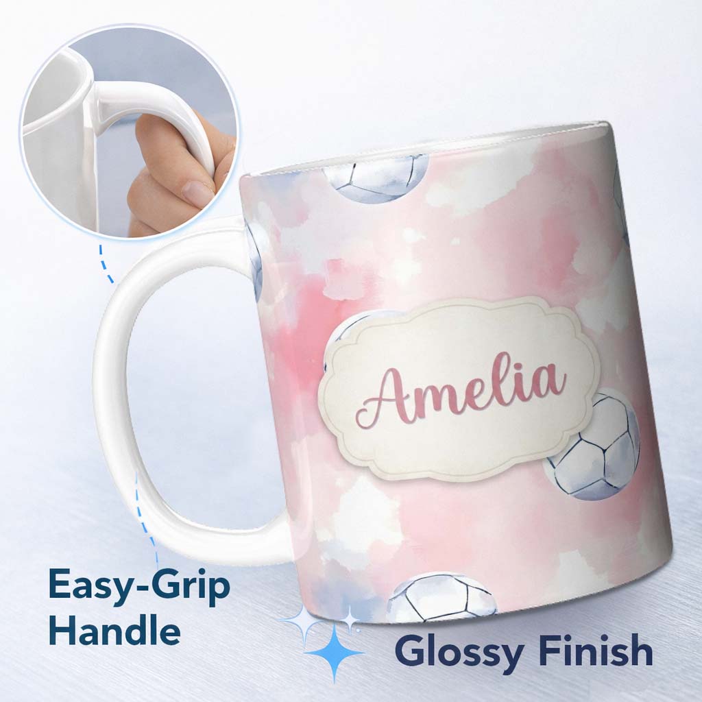Personalized Custom Name Watercolor Soccer Balls on Soft Pink Background Seamless Pattern 11oz Ceramic Coffee Tea Mug White Large Handle