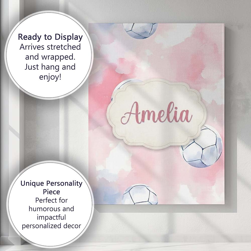 Personalised Name Watercolor Soccer Balls Custom Unique Gift Idea Elegant Feature Canvas Wall Art Print Decor Picture Ready to Hang