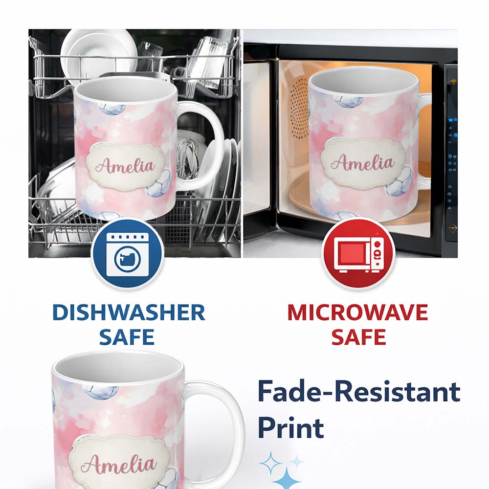 Personalized Custom Name Watercolor Soccer Balls on Soft Pink Background Seamless Pattern 11oz Ceramic Coffee Tea Mug White Large Handle