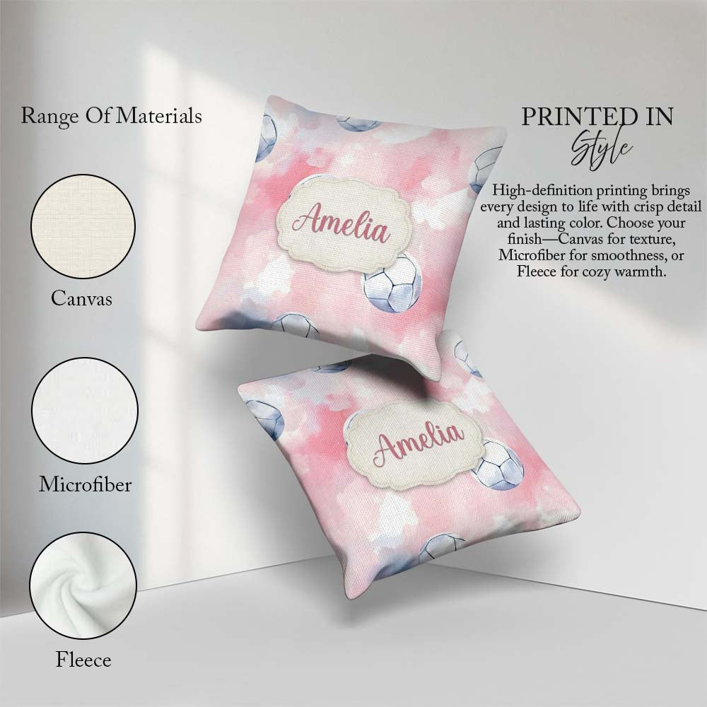 Custom Name Watercolor Soccer Balls Soft Pink Background Pattern Square Filled Cushion Throw Pillow Sofa Bed Home Decor Zip Washable UK Made