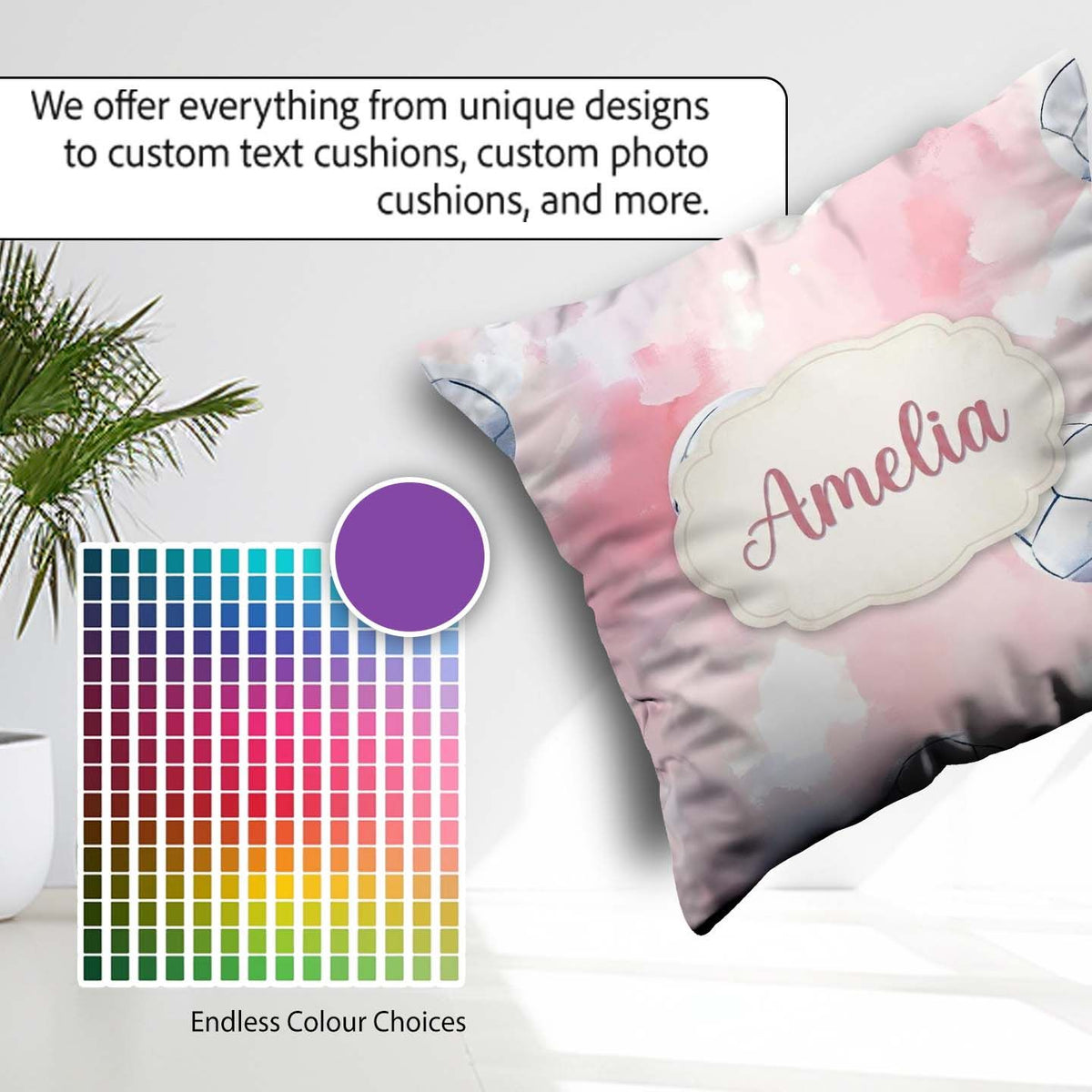 Custom Name Watercolor Soccer Balls Soft Pink Background Pattern Square Filled Cushion Throw Pillow Sofa Bed Home Decor Zip Washable UK Made