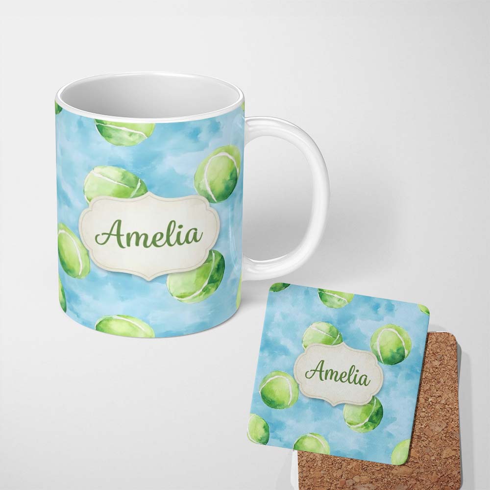 Personalized Custom Name Watercolor Tennis Balls on Soft Blue Background Seamless Pattern 11oz Ceramic Coffee Tea Mug White Large Handle