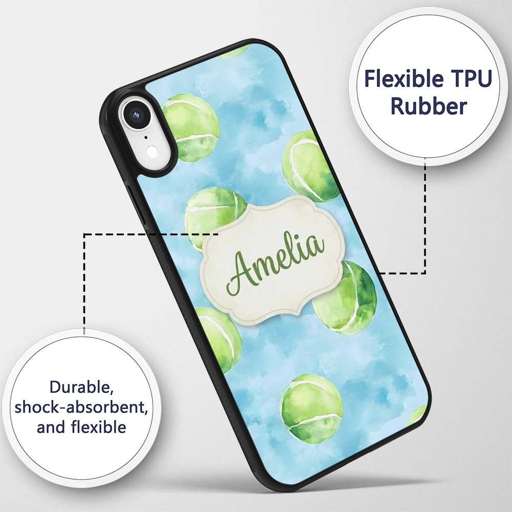 Watercolor Tennis Balls on Soft Blue Background Custom Name Protective Phone Case Mobile Cover Durable Everyday Smartphone Shock Resistant