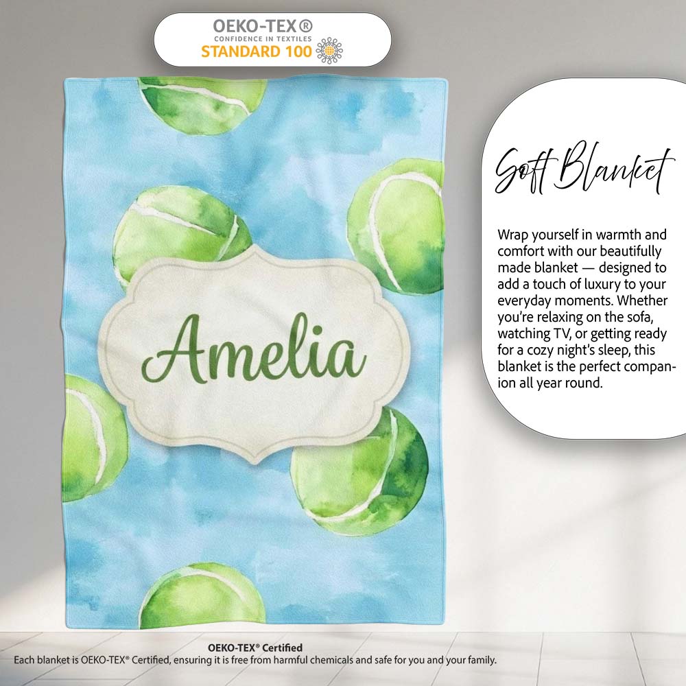 Watercolor Tennis Balls on Soft Blue Background Seamless Pattern Personalised Custom Name Super Soft Fleece Blanket Bed Sofa Throw