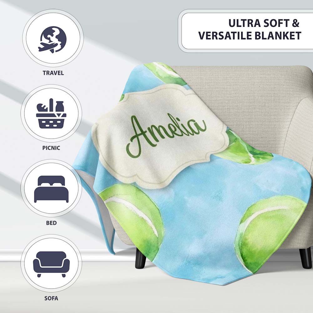 Watercolor Tennis Balls on Soft Blue Background Seamless Pattern Personalised Custom Name Super Soft Fleece Blanket Bed Sofa Throw