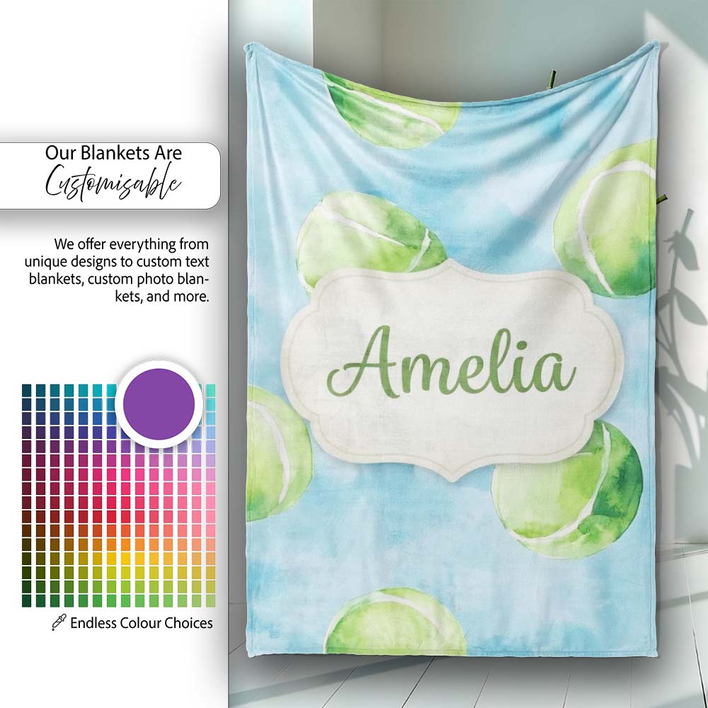 Watercolor Tennis Balls on Soft Blue Background Seamless Pattern Personalised Custom Name Super Soft Fleece Blanket Bed Sofa Throw