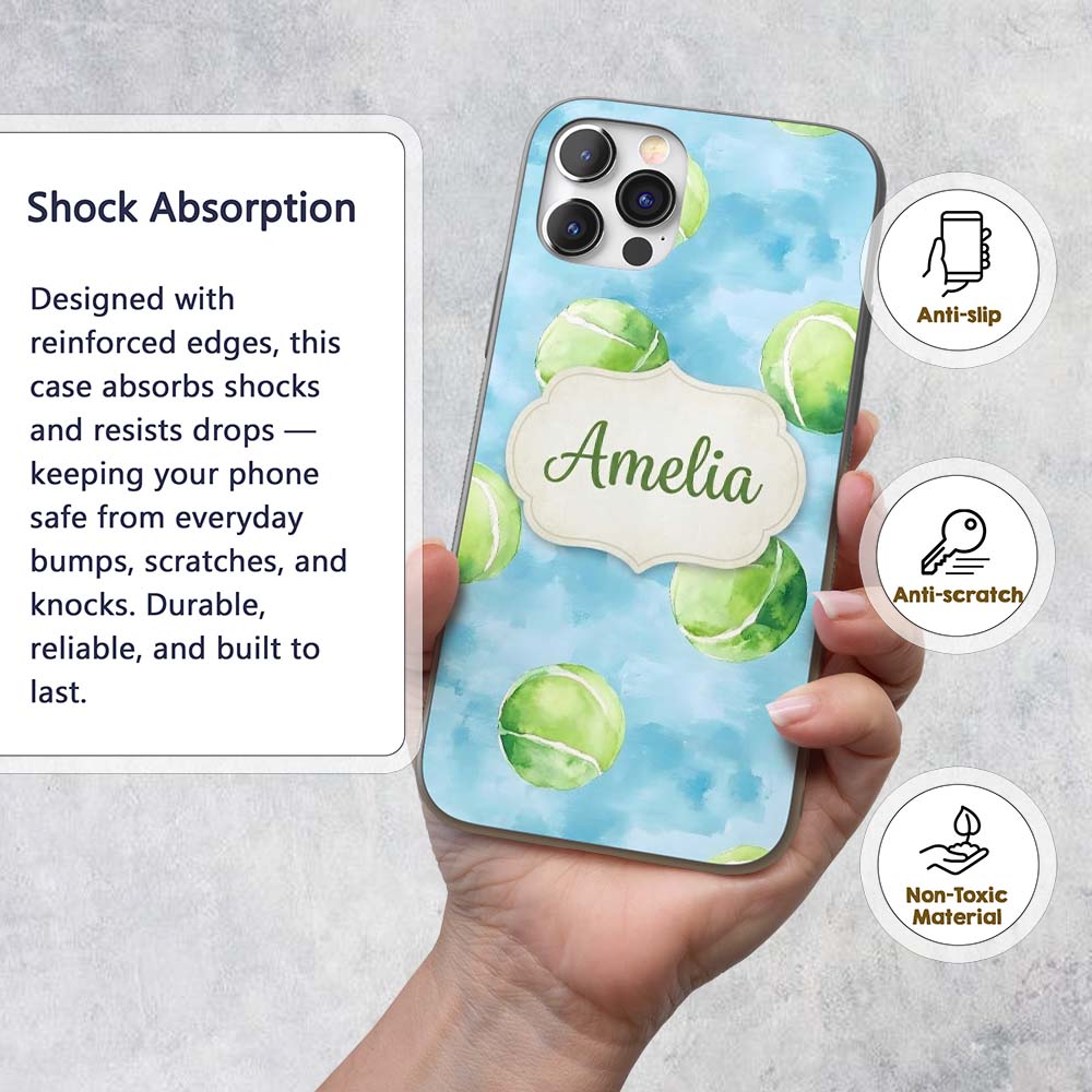 Watercolor Tennis Balls on Soft Blue Background Custom Name Protective Phone Case Mobile Cover Durable Everyday Smartphone Shock Resistant