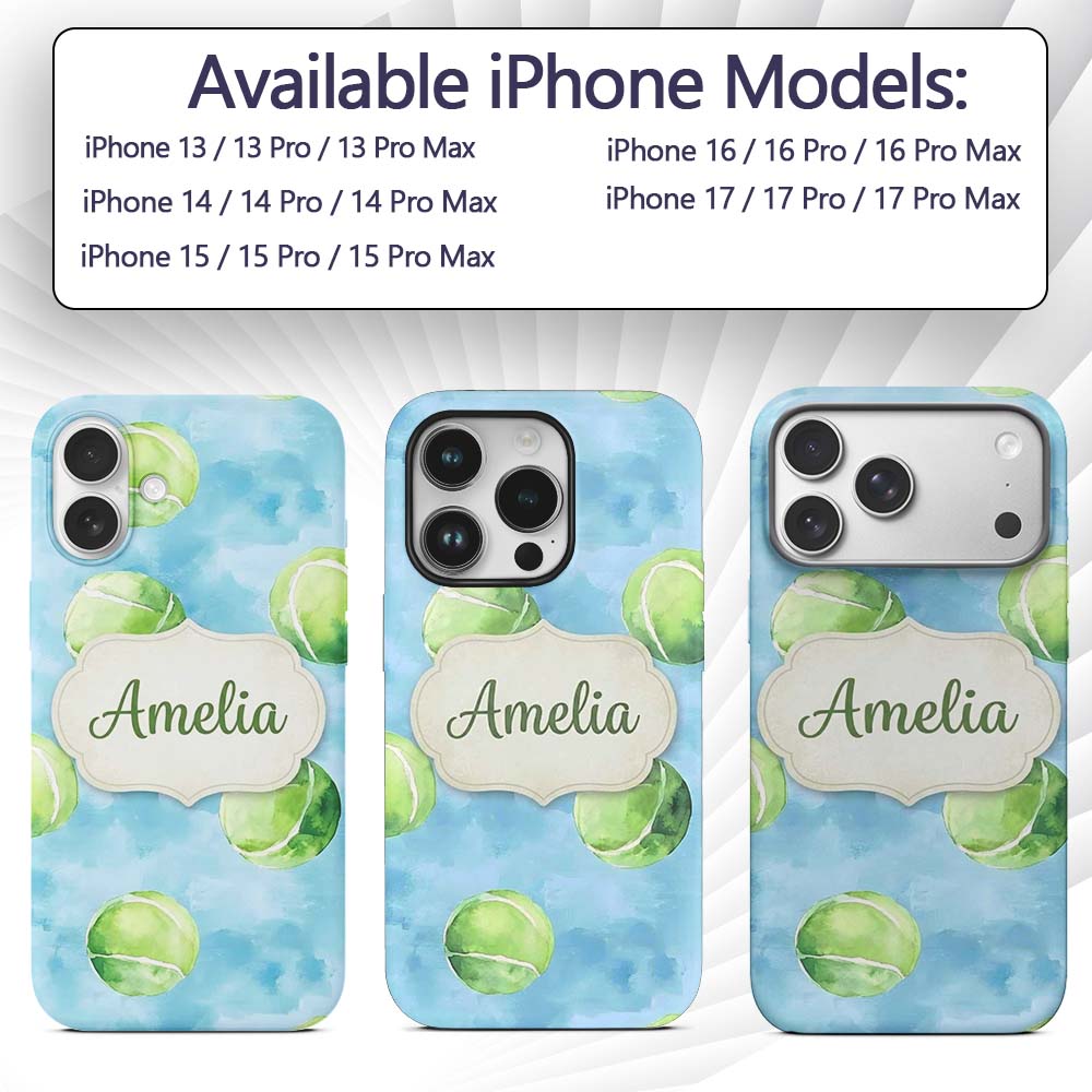 Watercolor Tennis Balls on Soft Blue Background Custom Name Protective Phone Case Mobile Cover Durable Everyday Smartphone Shock Resistant