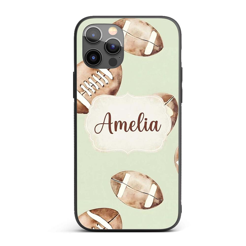 Watercolor American Football Balls on Soft Green Custom Name Protective Phone Case Mobile Cover Durable Everyday Smartphone Shock Resistant