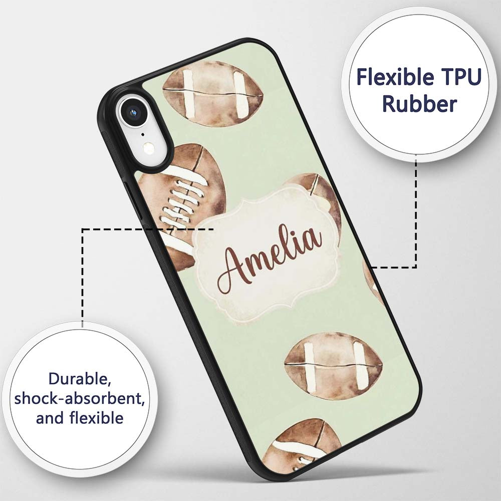Watercolor American Football Balls on Soft Green Custom Name Protective Phone Case Mobile Cover Durable Everyday Smartphone Shock Resistant
