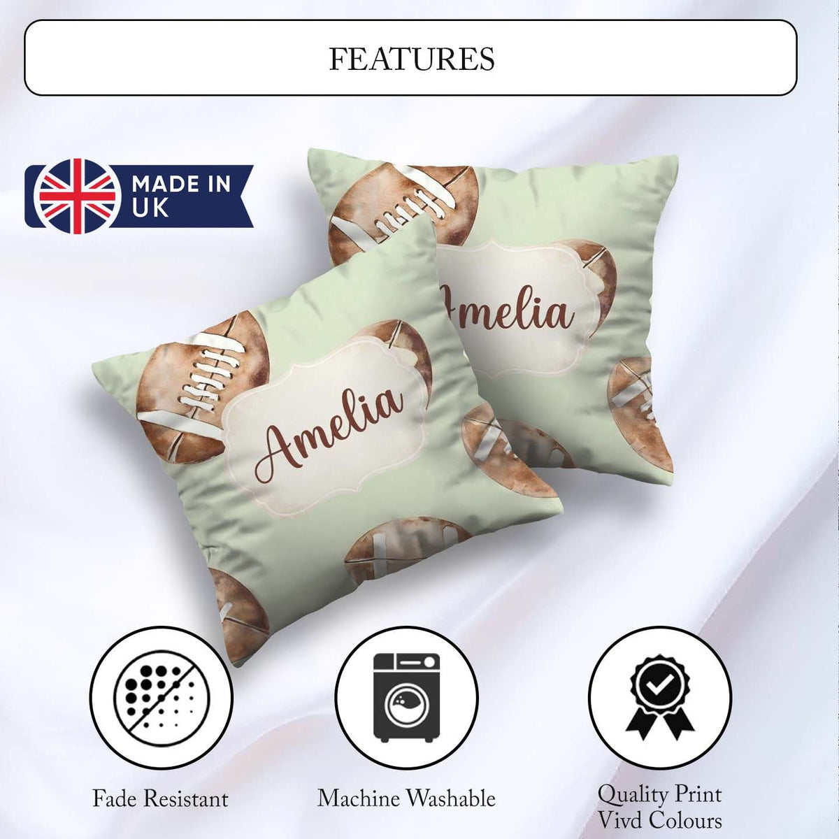 Custom Name Watercolor American Balls on Soft Green Background Square Filled Cushion Throw Pillow Sofa Bed Home Decor Zip Washable UK Made