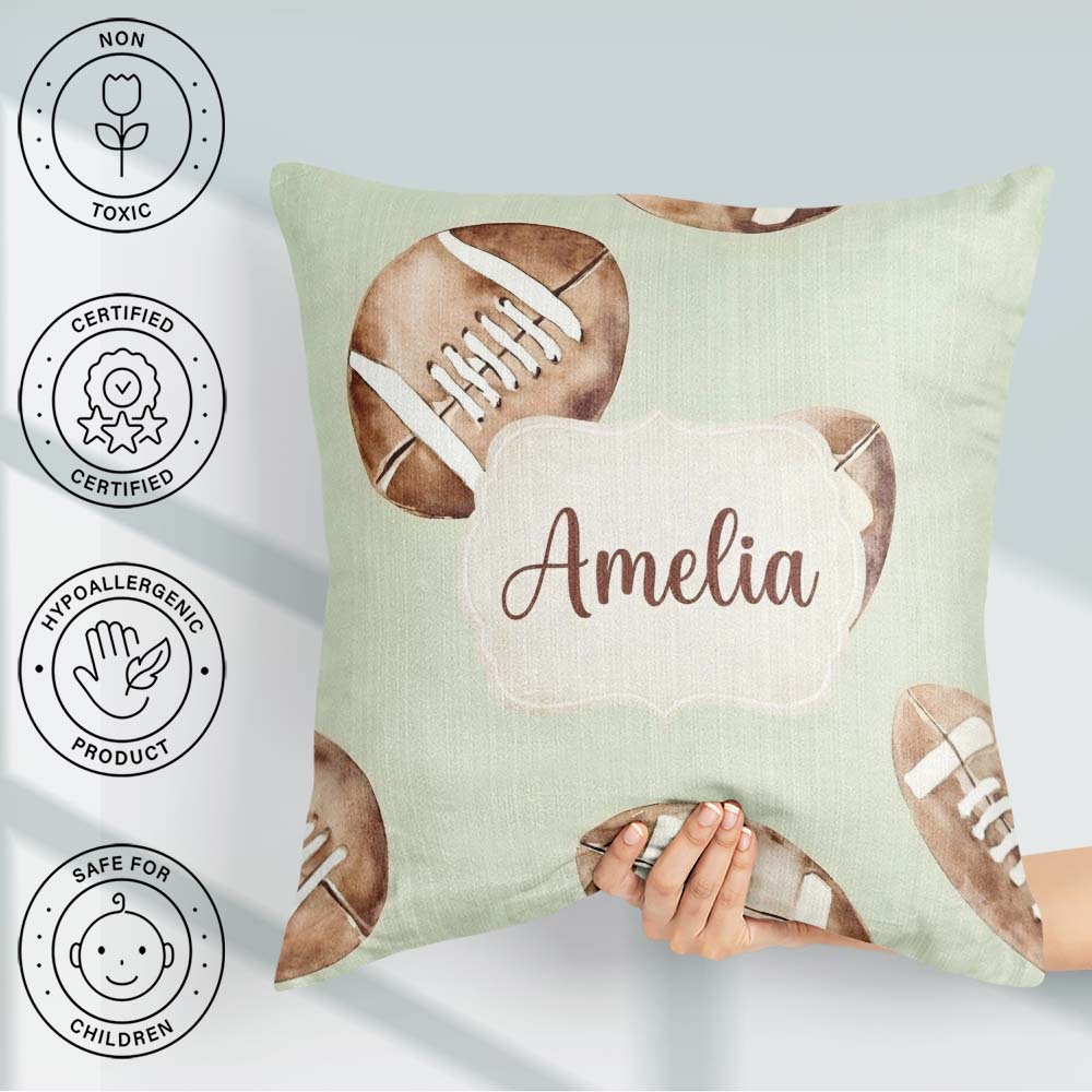 Custom Name Watercolor American Balls on Soft Green Background Square Filled Cushion Throw Pillow Sofa Bed Home Decor Zip Washable UK Made