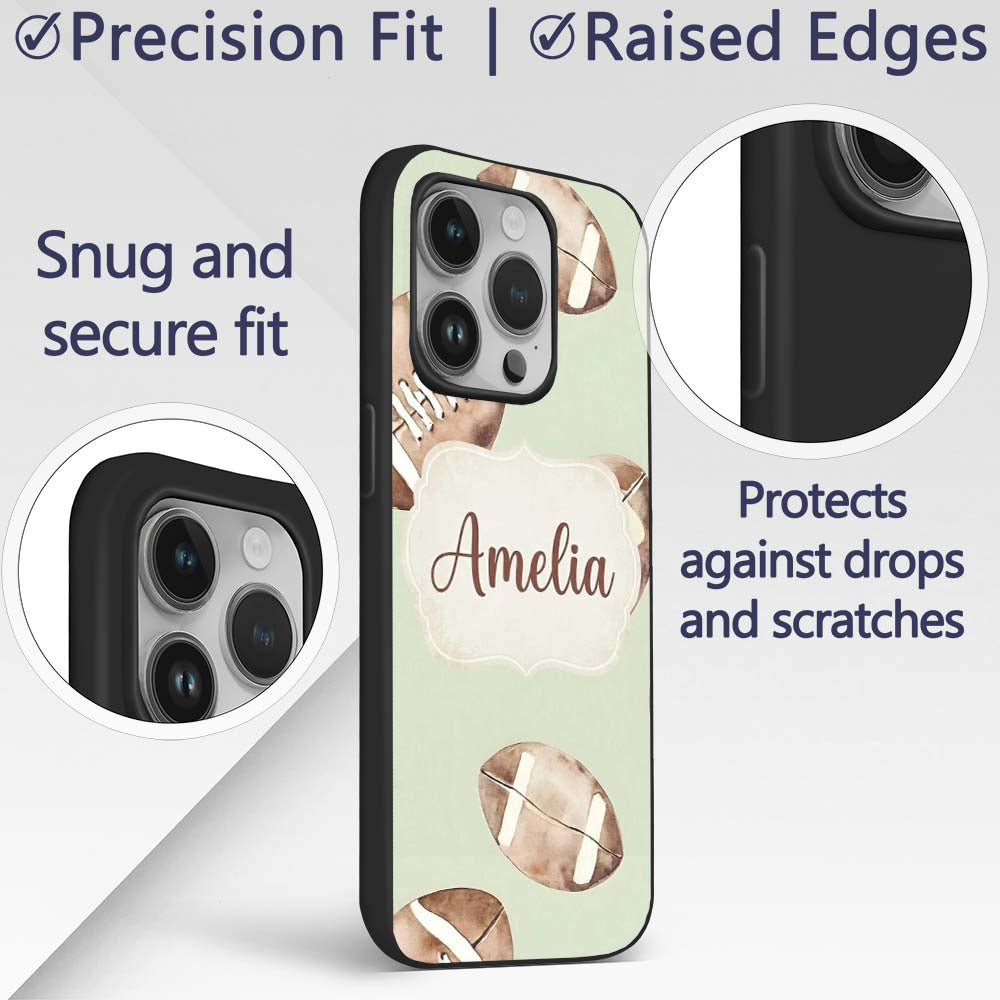 Watercolor American Football Balls on Soft Green Custom Name Protective Phone Case Mobile Cover Durable Everyday Smartphone Shock Resistant